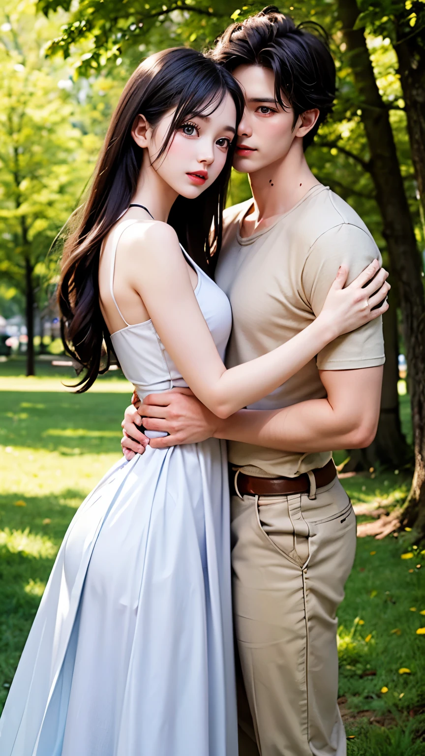 Fashion Model, 18-year-old [[[[close]]]]， [[[[Boobgasm]]]]， [[[[col]]]]， [[[[b Shoulder]]]]， Perfect Eyes， Perfect Iris，Perfect Lips，Perfect Teeth，Perfect Skin，White skin，Soft Front Light，High resolution，Couple，Young men and women，two people are close，A woman stands next to a man，The background is outdoors，Green tree々，Grass，highest quality，masterpiece，Ultra-dilution，（pastel colour：1.2）