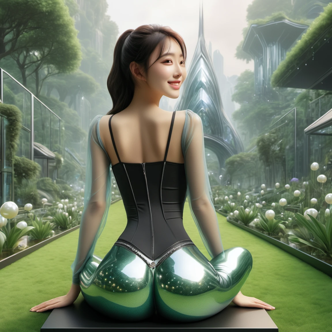 (masterpiece, best quality:1.2), 1girl, ,Sitting astride,pearl thong,back view, lookig back, shiny legging,Axisymmetric composition,Illusion,iris,holographic,Anatomically correct,Future Science Fiction,Garden Background,Looking back and smiling,beautiful,(Best quality,4K,8K,A high resolution,Masterpiece:1.2), (Realistic,Photorealistic,photo-realistic:1.37).