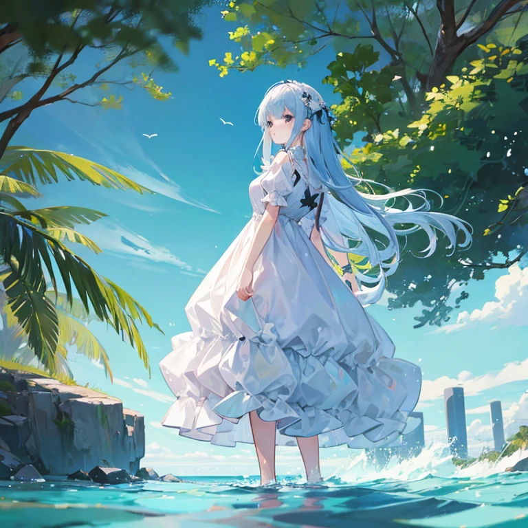 Girl is wearing long puffy dress and is standing halfway in the water with it.