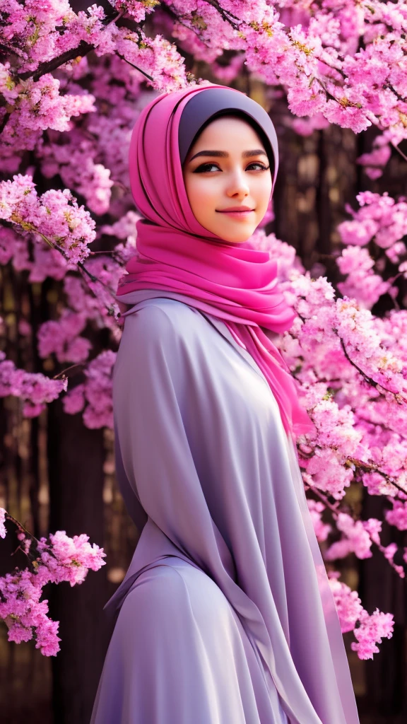 a woman wearing a pink hijab standing in front of a tree, pastel pink, pastel pink skin tone, hijab, pastel pink, Flowing cherry blossom silk, beautiful iranian woman, Inspiration from Maryam Hashemi, in the pink forest, Inspired by Nazmi Siya Kuran, Sakura season, beautiful arab woman, with flowers, pink girl, Shades of pink, wearing a pastel pink hoodie
