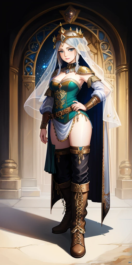 full body of a woman in a dress with a veil, feet together, standing feet together, military boots, beautiful fantasy maiden slave warrior, beautiful fantasy art portrait, fantasy victorian art, medieval fantasy art, beautiful and elegant queen Roxxane, portrait of queen of light, fantasy portrait art, gothic fantasy art, a beautiful fantasy empress, ((white background)) hands on hips