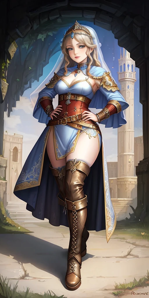 full body of a woman in a dress with a veil, feet together, standing feet together, military boots, beautiful fantasy maiden slave warrior, beautiful fantasy art portrait, fantasy victorian art, medieval fantasy art, beautiful and elegant queen Roxxane, portrait of queen of light, fantasy portrait art, gothic fantasy art, a beautiful fantasy empress, ((white background)) hands on hips