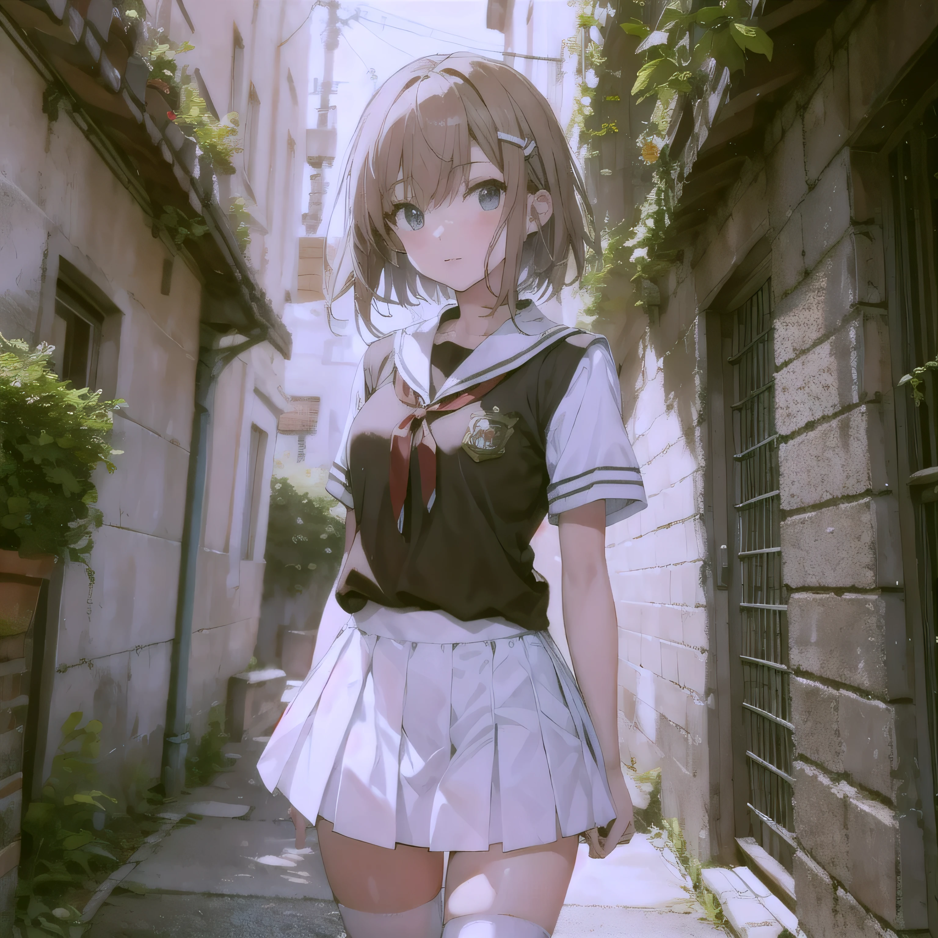 masterpiece, highest quality, High resolution, Misaka Mikoto Beautiful legs Misaka Mikoto Uniform High student Short pants Inner skirt Super beautiful skin White loose socks Highway Short hair Angry