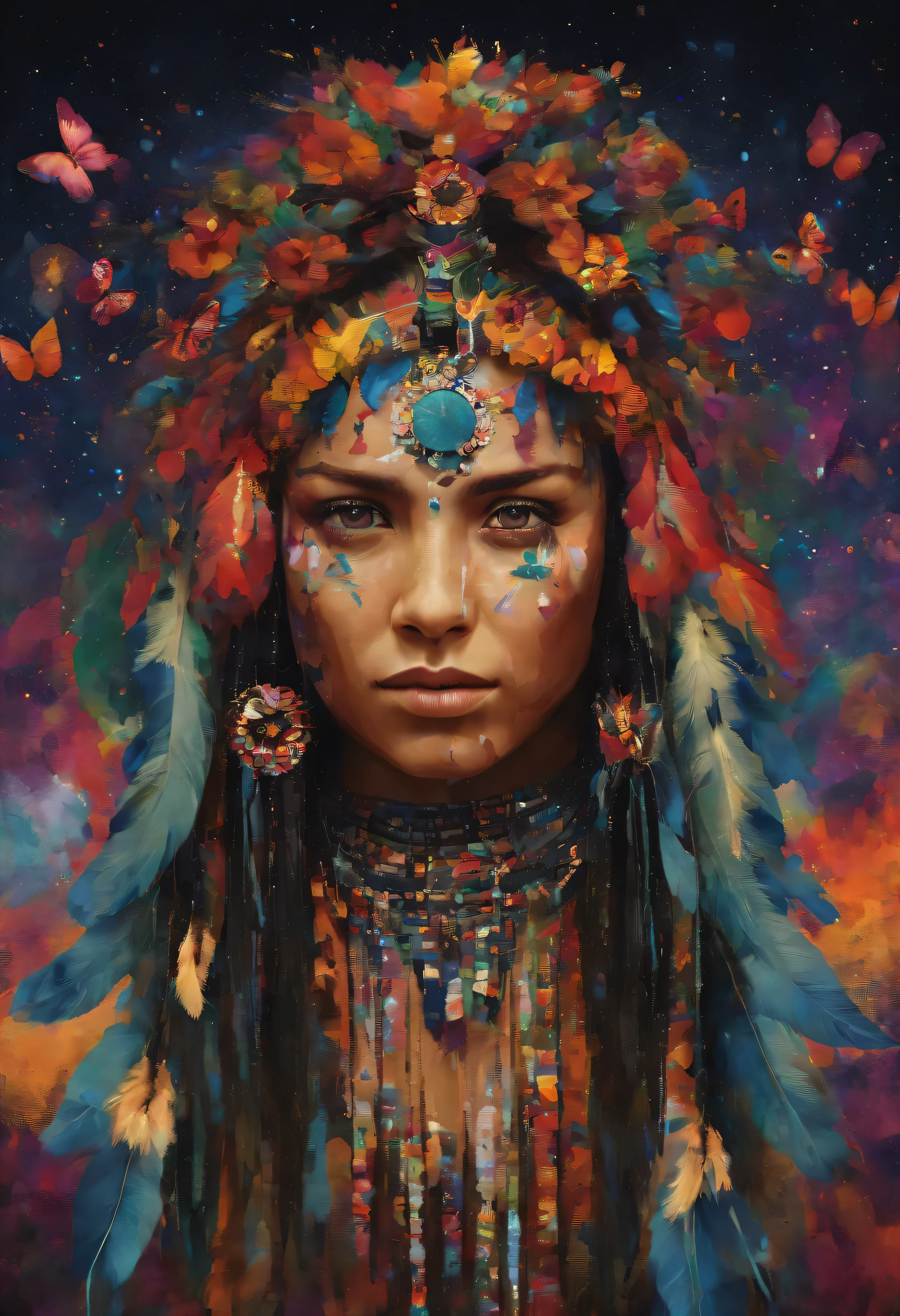 a wise and mystical female figure, with characteristics of a Native American, adorned with pretty braids and tribal jewelry. She will be surrounded by butterflies and strawberries, wearing leather clothes with prayer beads, and will have a headdress decorated with feathers, ametista e obsidiana. The scene will be highly detailed and dramatic, with a background that includes trees and elements of nature, sugerindo um ritual. The lighting will be volumetric to highlight the realistic skin texture and floating particles, creating a cinematic and photorealistic effect. I will strive to ensure that the artwork is of the highest quality and worthy of an award.