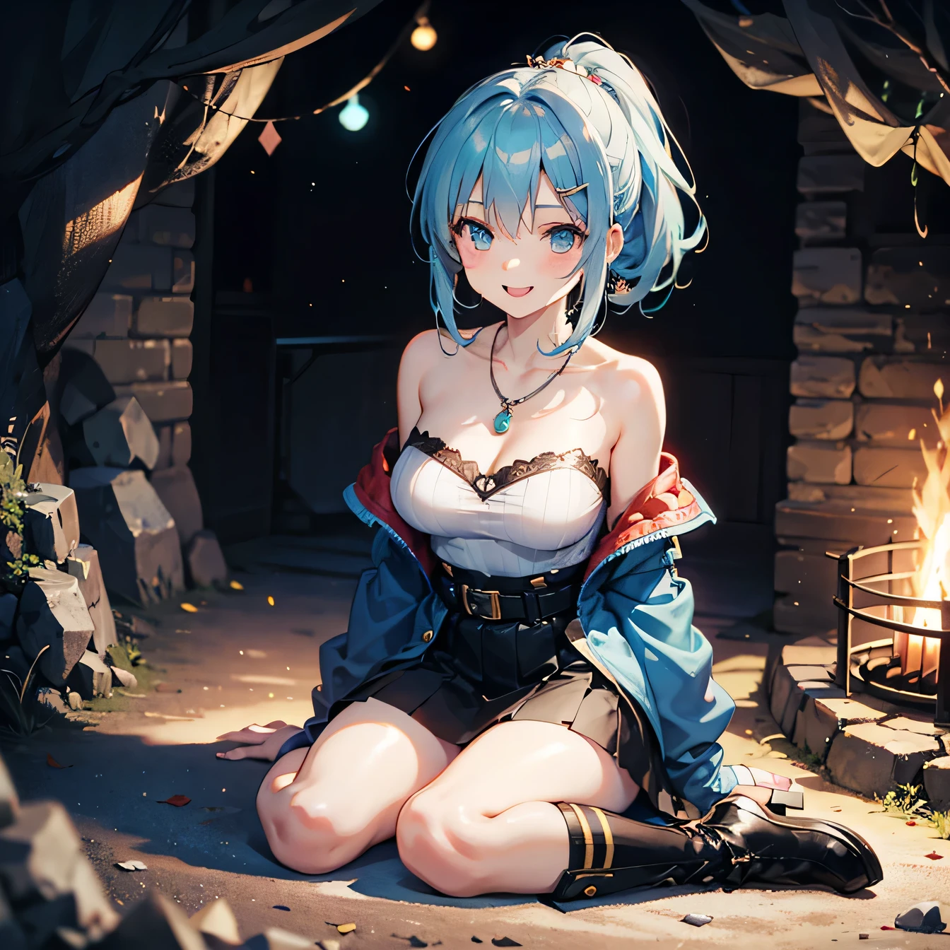 Anime Moe Art Style,highest quality,High resolution,Anatomically correct,One Girl,Mid-teens,A girl with light blue hair in a ponytail,Super detailed,Fantasy-inspired costumes,off shoulder tops,mini skirt,short boots,Big Breasts,Laughing with your mouth open,Bright smile,A rich expression,Sitting directly on the ground,Sitting with knees hugged,Having a bonfire,There is a bag of herbs on the ground nearby.,Inside the cave,Eyes drawn in detail,hair ornaments,necklace,bracelet,ring,8K