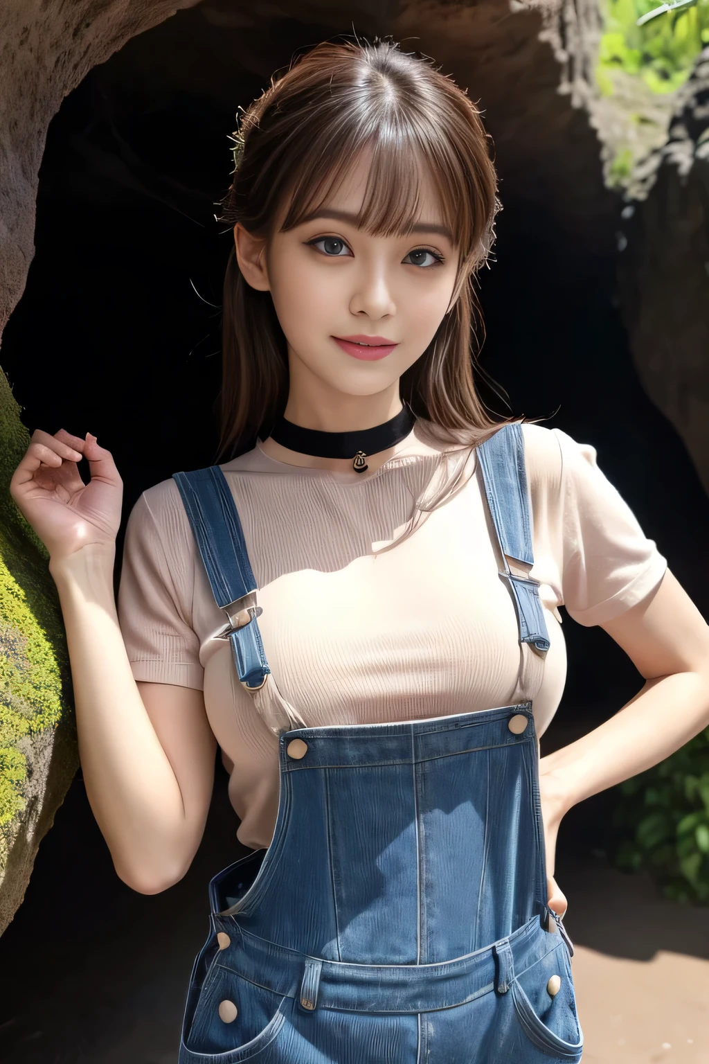 Very beautiful woman, Highly detailed eyes, Highly detailed face, Highly detailed lips, Super detailed everything, Attractive woman, Black Choker, blue eyes, Very long eyelashes, bangs, highest quality, masterpiece, ((Slim face)), Japanese actress, ((High nose、Big Breasts)), Happy atmosphere, , ((cave,jungle)), mini skirt, ((Overalls)),Herb clusters、explore、Hiking boots、Pink T-shirt