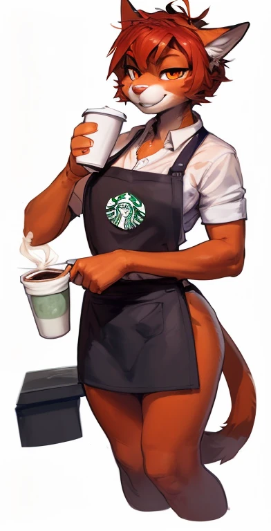 ((nsfw, A female anthropomorphic orange and white cat with red short hair and orange eyes Working at Starbucks and wearing the uniforms apron with a coffee on my right hand, Working at a Starbucks coffee shop)), hentai, , anthro, solo, tall, shortstack , angle, looking at viewer, background, extremely detailed, photorealistic, 3d render, high quality digital art, smug grin, detailed eyes ,henati , good anatomy, good perspective, towards viewer, by bebebebebe, by sicklyhypnos, by gerkk, by orf, (by by cutesexyrobutts, by darkgem, by zackary911, (by by singafurian, by daftpatriot, sassy, cute, early 20s, detailed face, handsome, slightly chubby , face, detailed mouth, hentai style, nsfw, show off, close up, A female anthropomorphic orange and white cat with red short hair and orange eyes Working at Starbucks and wearing the uniforms apron with a coffee on my right hand, Working at a Starbucks coffee shop