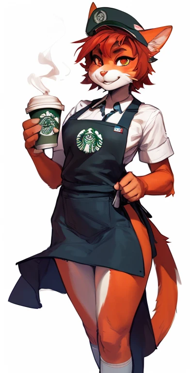 ((nsfw, A female anthropomorphic orange and white cat with red short hair and orange eyes Working at Starbucks and wearing the uniforms apron with a coffee on my right hand, Working at a Starbucks coffee shop)), hentai, , anthro, solo, tall, shortstack , angle, looking at viewer, background, extremely detailed, photorealistic, 3d render, high quality digital art, smug grin, detailed eyes ,henati , good anatomy, good perspective, towards viewer, by bebebebebe, by sicklyhypnos, by gerkk, by orf, (by by cutesexyrobutts, by darkgem, by zackary911, (by by singafurian, by daftpatriot, sassy, cute, early 20s, detailed face, handsome, slightly chubby , face, detailed mouth, hentai style, nsfw, show off, close up, A female anthropomorphic orange and white cat with red short hair and orange eyes Working at Starbucks and wearing the uniforms apron with a coffee on my right hand, Working at a Starbucks coffee shop