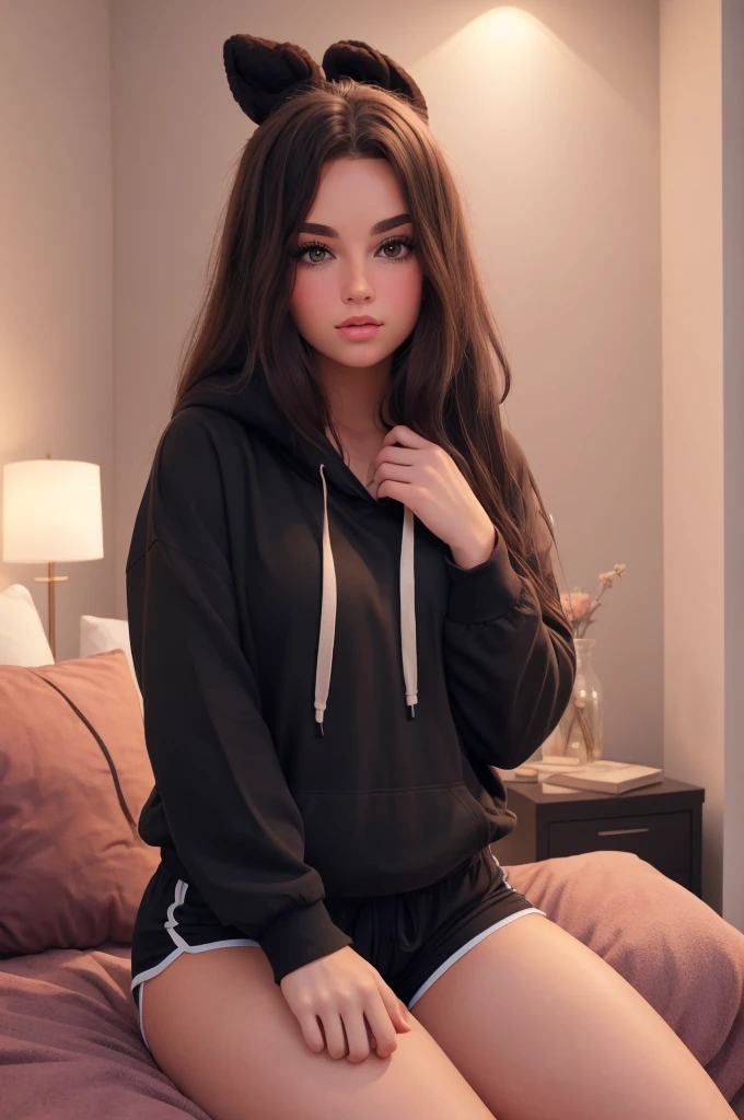 hoodie, dolfine short, booty short, short shorts, black hoodie, well fitting heavy black hoodie, pink shorts, cute girl thick thighs, bedroom, large hips, long pink hair, wavy hair, sitting on couch, facijg viewer, lips seperated, head tilted up, longe eye lashes, blush, natural makeup, (best quality), (masterpiece), cozy bedroom, cozy atmosphere, soft lighting, moodlighting,