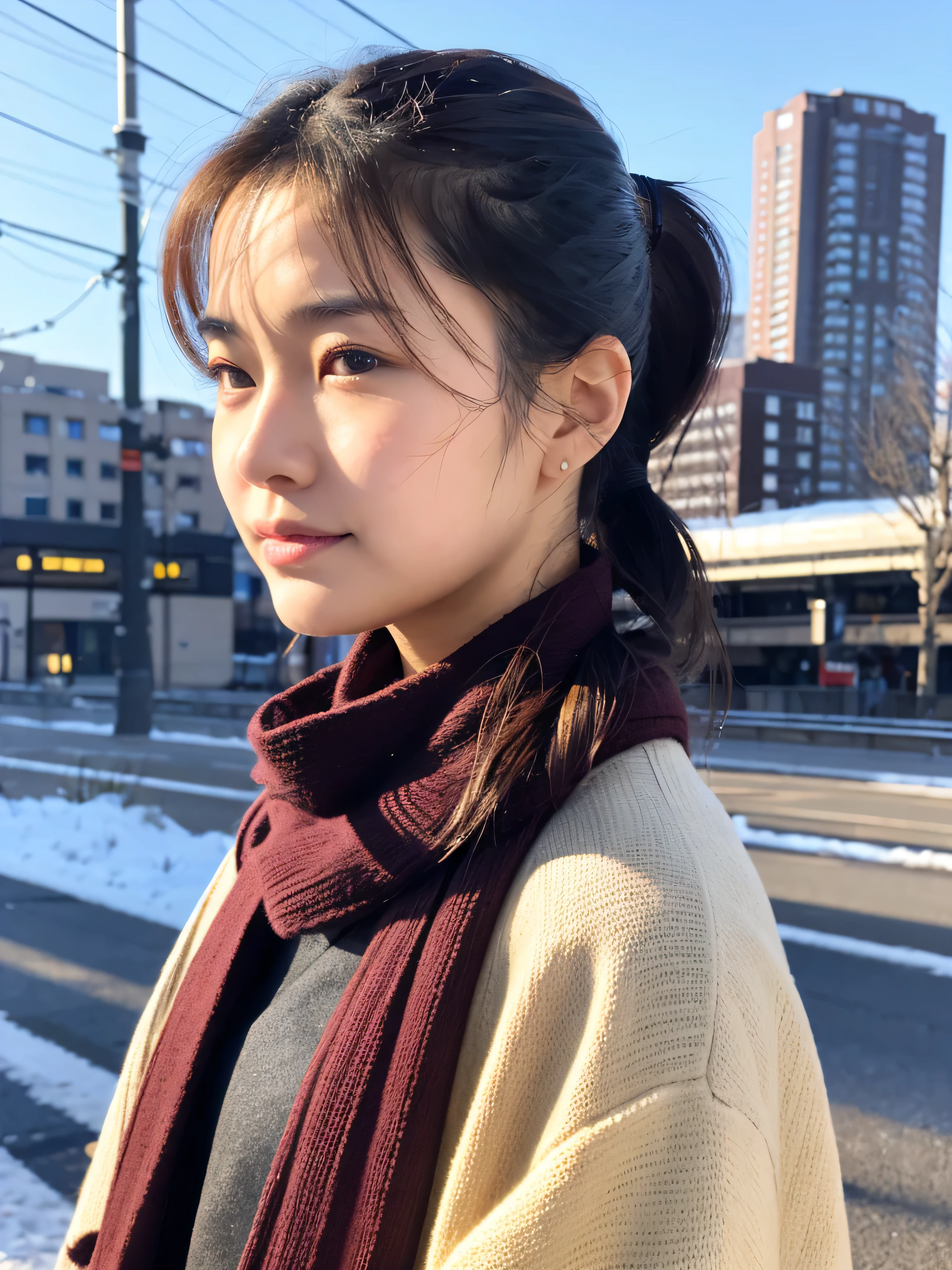 Realistic, 32K Full Body Portrait, Beautiful woman, attractive appearance, Clear Type, ponytail, 22 years old, winter, With Sapporo Station in the background、Beautiful Skin、Strong winds、that'it's snowing、Wearing a woolen hat