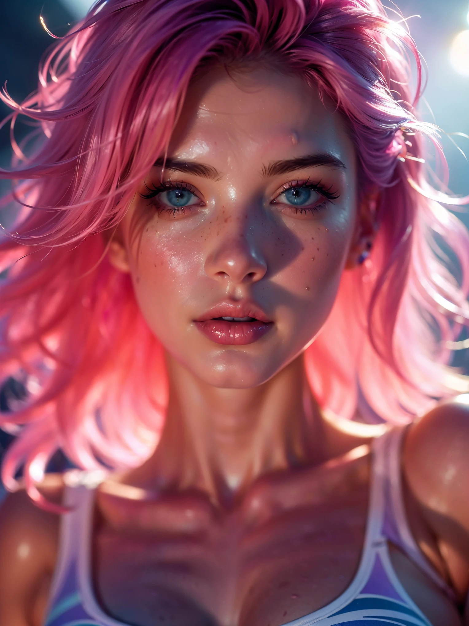 (((ultra realistic))) Photo, masterpiece, top quality, (pale skin), (Ultra detailed face and eyes:1.3), 1 girl, Adult, in a T-shirt, ((Eye makeup, pink mascara)), ((A slight smile)), ((large detailed lips)), ((Pink hair in the wind)), ((Chyolka)) , (Natural breasts), Slim waist. ((Posing)), photoshoot, studio (soft lighting), (The play of light and shadows), depth of field, bokeh, (special attention to skin detail: 1.2), Detailed leather texture, skin pores. (Warm atmosphere of the frame. Color range - purple, Pink, blue tones), UDR, ((Film grain)), ((rays)), (Glare), ((waist up portrait)) , ultra detialed,