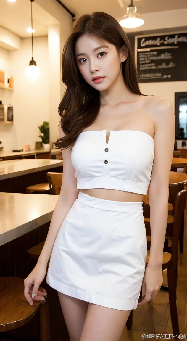 （realisticlying， A high resolution：1.3）， 1 girl with a perfect body， Super fine face and eyes，long whitr hair， white short strapless ， short  skirt， in a cafe， huge tit，