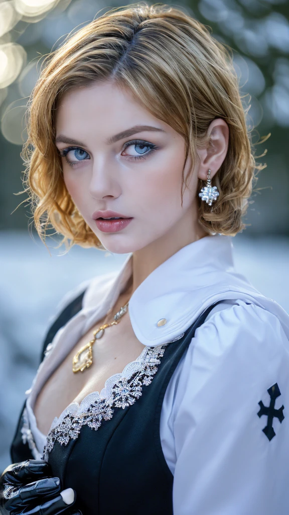1 miniature Beautiful beautiful woman - Yuan Sayuki, ((top quality, 8K, Masterpiece:1.retty woman, 1 woman, huge breasts:1.3, a slim body:1.1, lush GINGER short hair, (shower, wet body, wet clothes:1.1), very detailed face, detailed lips, detailed eyes, double eyelids, Detailed blue eyes, чрезвычайно Detailed Outstanding Blue Eyes, short GINGER wet hair, GINGER wet hair, Detailed Outstanding Blue Eyes, innocent look at the viewer, very wet wavy white hair, Detailed Outstanding Blue Eyes, huge cross earrings, Outdoors, badges behind, gothic maid uniform, sexy maid dress, bare chest, huge chest tattoo, detailed huge catholic cross earrings, chest tattoo, Outside, wear a silver cross (Detailed cross shape), reality mode, wet breasts, black necklace, human crowd behind, black latex gloves, hair of white snowy colour, night time, red neon lights, demonic nun, nimbus (golden lighting ring above her head), angel, snowy weather, sexy pose, white lingerie, black maid dress, detailed flower wreath made of different colours, open chest