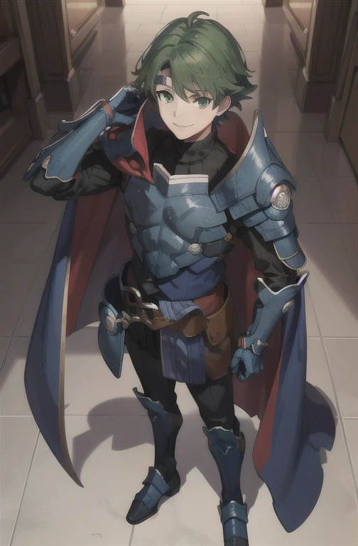 alm, 1boy,Fire Emblem Echos,Blue heavy armor mail, Green Eyes,beautiful detailed eyes,delicate,1 long sword, whole body, Are standing, View your viewers, noon,royal palace,Handsome,smile ,Blue Cape,Blue headband on forehead,smug face