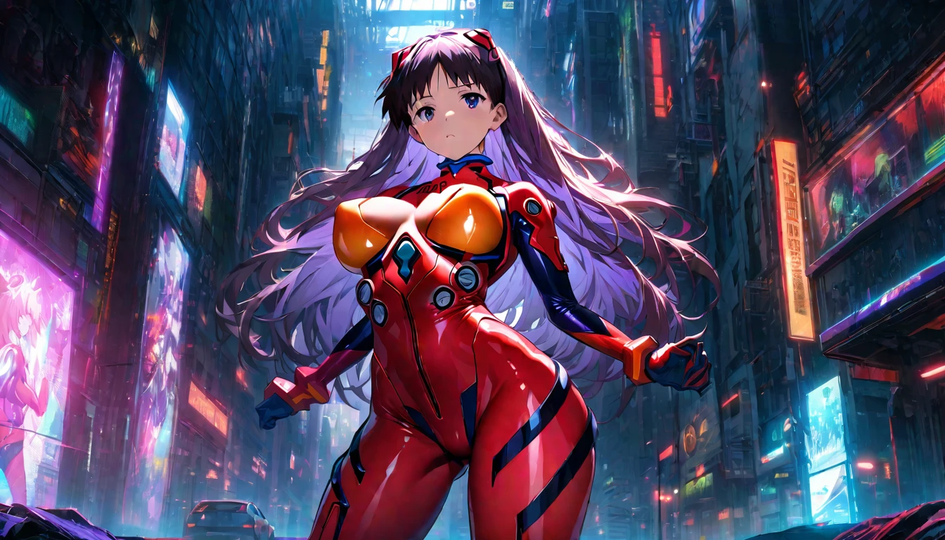 Evangelion plugsuit, male focus, ikari shinji, Purple pilot suit Super big breasts breast enlargement A person standing alone with red face and long hair Sci-fi urban illustration, ultra-detailed, HDR, vibrant colors, soft lighting.full-body shot