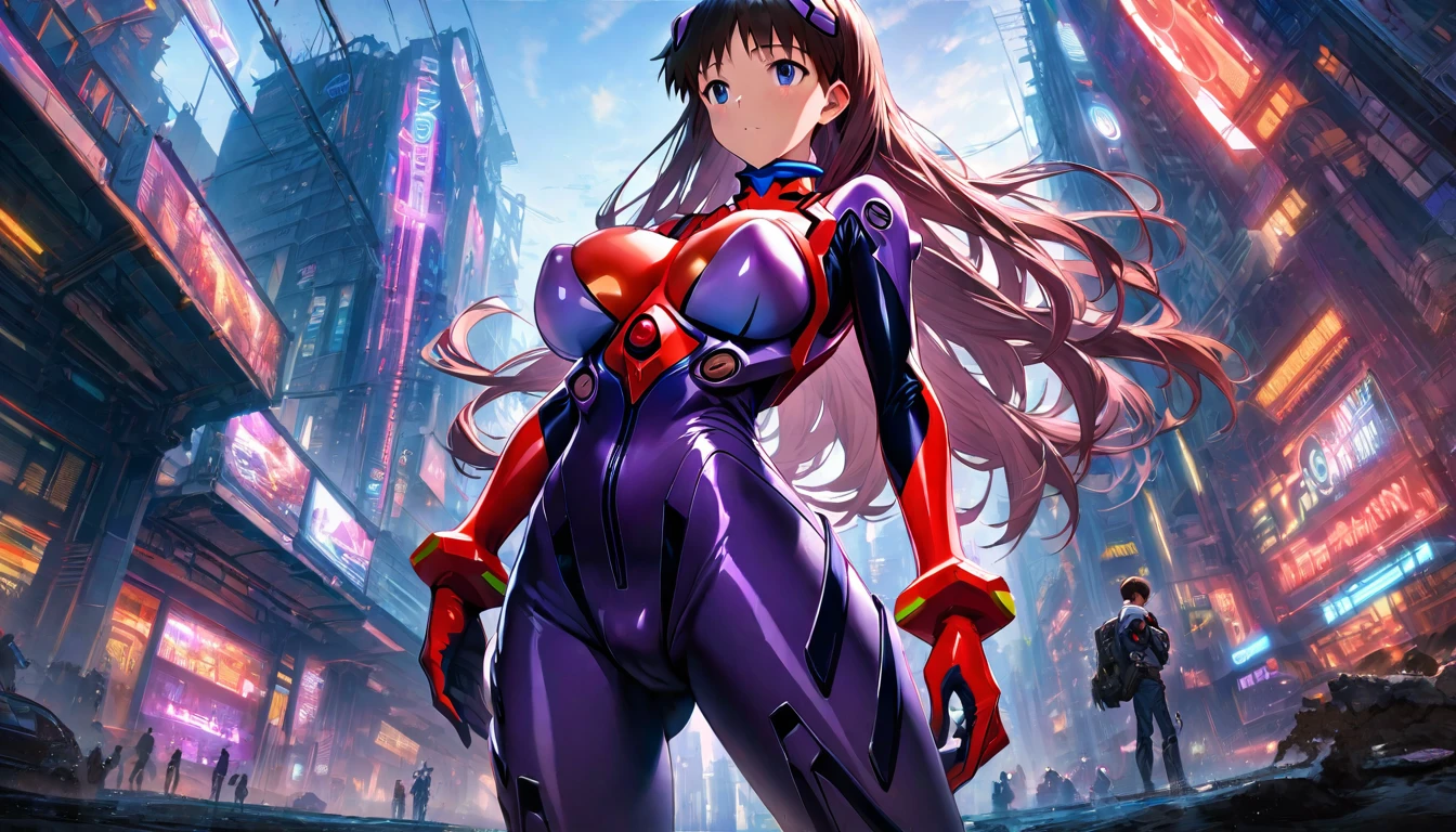 Evangelion plugsuit, male focus, ikari shinji, Purple pilot suit Super big breasts breast enlargement A person standing alone with red face and long hair Sci-fi urban illustration, ultra-detailed, HDR, vibrant colors, soft lighting.full-body shot 