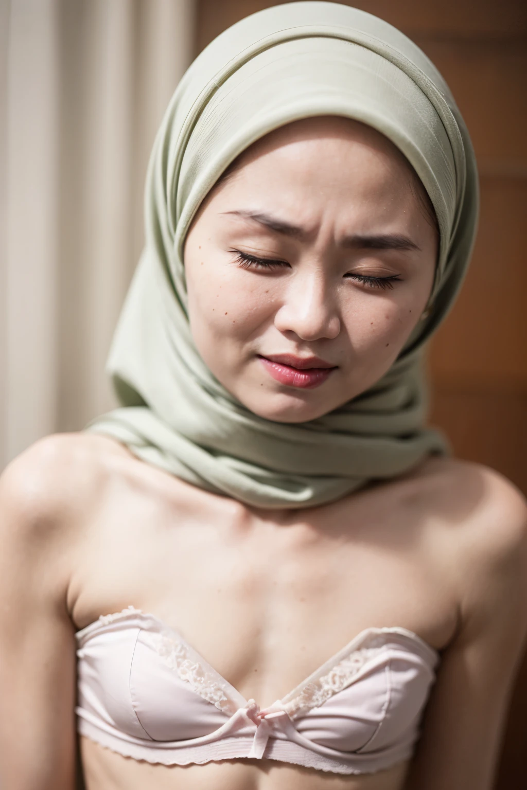 ((LIGHT GREEN)), ((Big Tits:0.6)), ((Flat Chest:1.6)), Wear sunglasses and act like Rosyam, ((Closed Eyes)), ((Strapless Colourful bra Flat Chest)), Naked, Angry pose, Angry face, (((HIJAB MALAY GIRL))), masutepiece, High quality, UHD 45K, Realistic face, Realistic skin feeling , A Japanese Lady, 8 years old, , Very cute and baby-like face, (((FLAT CHEST))), (MATRIX WORLD), ((look In front at the camera and SADNESS)), ((())), (((CUTE GIRL))), ((PEACH PASTEL LIPS)), ((SATIN LACE)), ((CHUBBY)), ((UNDRESS)). Brown, Flat Chest, Wearing G-String. Sitting, from behind view up, seductive pose, (Small face)