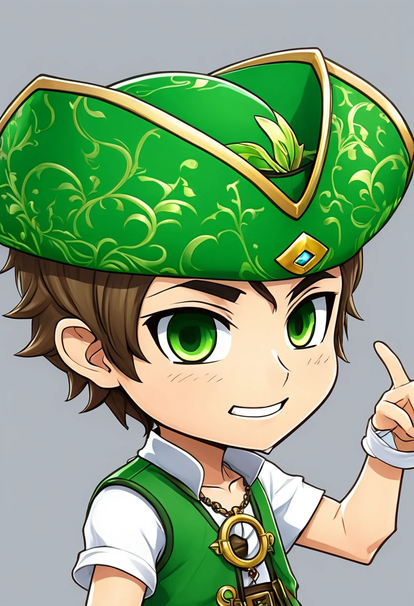 Anime boy wearing a green arabesque hat pointing at something, MapleStory character art, From 1 piece, Jairo Zepelli, Little, trigger anime art style, Official character art, Michel Othello, Vargui art style, a pirate, Whole character!, main character, Prussia, MapleStory Indiana Jones, Sanji, pirate, Inspired by Junpei Sato, Official Art