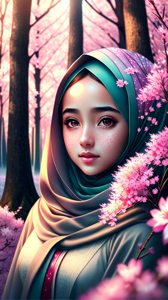 Create a single hyper realistic image of a beautifull hijab girl in an outstanding scene of rays of lighting in a cherry blossom forest, hyper realistic texture.