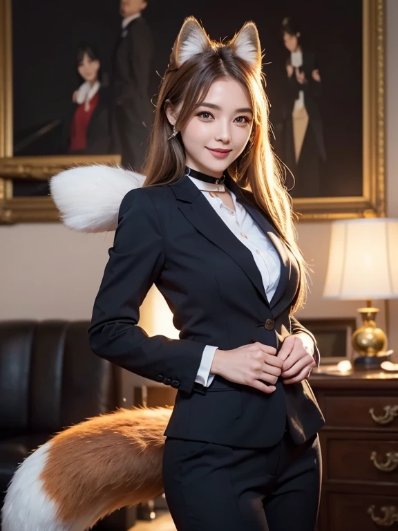 ((highest quality, 32k)), ((masterpiece)), (Get used to it), Perfect Face, Fox Girl, Beautiful woman, public, There is a tail, she has a fox tail, She wags her fluffy tail, smile, collar, She wears a business suit, Beautiful hip line, A tail sticking out from a business suit