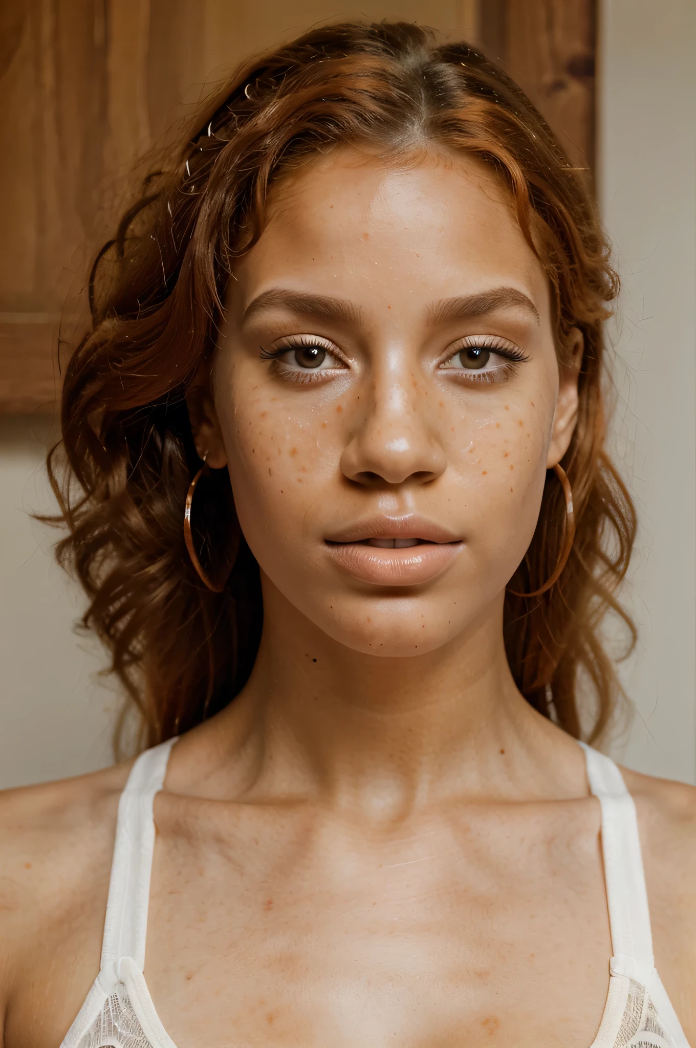 (best quality, realistic, ultra-detailed), portraits, long curly orange afro, beautiful detailed eyes, beautiful detailed lips, white, freckles, strong jawline, big nose, 21 years old, white complexion