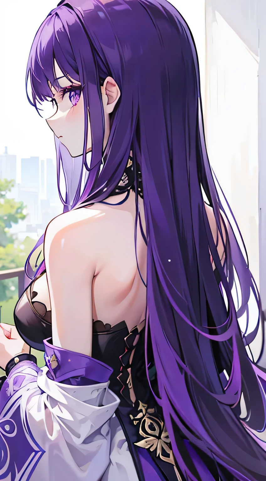 high quality, masterpiece, Very detailed,Long Hair, beautiful girl,Purple Hair,Purple eyes,Genshin Impact,Attractive back view