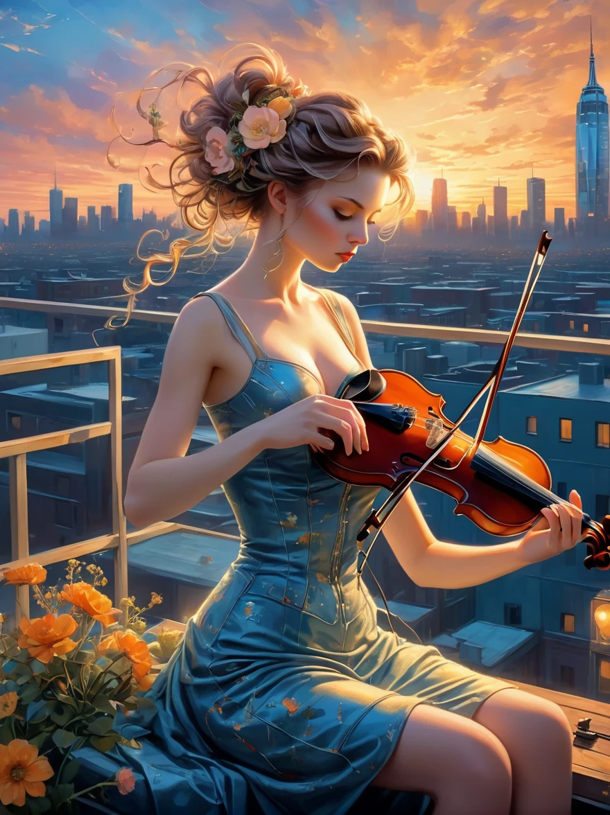 A soulful musician playing the violin on a rooftop at dusk, sheet music, musical notes, reflective, city skyline, dramatic sunset, surrealistic oil painting by James Jean, Van Gogh, Mark Ryden, and Robbie Trevino, pop cyberpunk steampunk flowerpunk, atompunk, cinematic, wallpaper, Pop art, Realism, Tonalism, Verism, film grain, sparkle, Wide-Angle, cowboy shot, UHD, masterpiece, ccurate, anatomically correct, textured skin, award winning, best quality, 8k