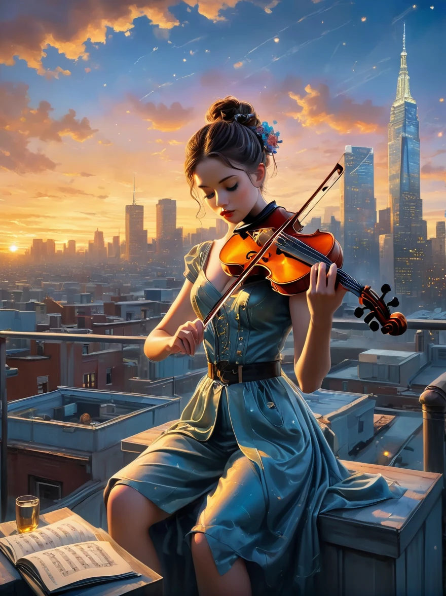 A soulful musician playing the violin on a rooftop at dusk, sheet music, musical notes, reflective, city skyline, dramatic sunset, surrealistic oil painting by James Jean, Van Gogh, Mark Ryden, and Robbie Trevino, pop cyberpunk steampunk flowerpunk, atompunk, cinematic, wallpaper, Pop art, Realism, Tonalism, Verism, film grain, sparkle, Wide-Angle, cowboy shot, UHD, masterpiece, ccurate, anatomically correct, textured skin, award winning, best quality, 8k