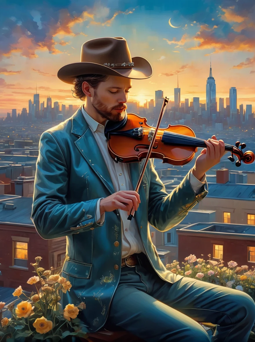 A soulful musician playing the violin on a rooftop at dusk, sheet music, musical notes, reflective, city skyline, dramatic sunset, surrealistic oil painting by James Jean, Van Gogh, Mark Ryden, and Robbie Trevino, pop cyberpunk steampunk flowerpunk, atompunk, cinematic, wallpaper, Pop art, Realism, Tonalism, Verism, film grain, sparkle, Wide-Angle, cowboy shot, UHD, masterpiece, ccurate, anatomically correct, textured skin, award winning, best quality, 8k