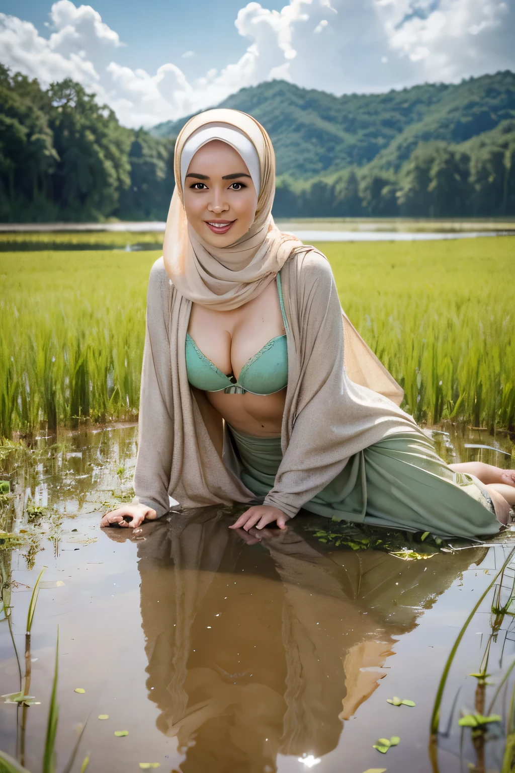 A beauty woman with hijab lying on the muddy paddy rice field, undressing nude body, no bra, no underwear. wet body soaked, medium breast, show pubic hairs wet