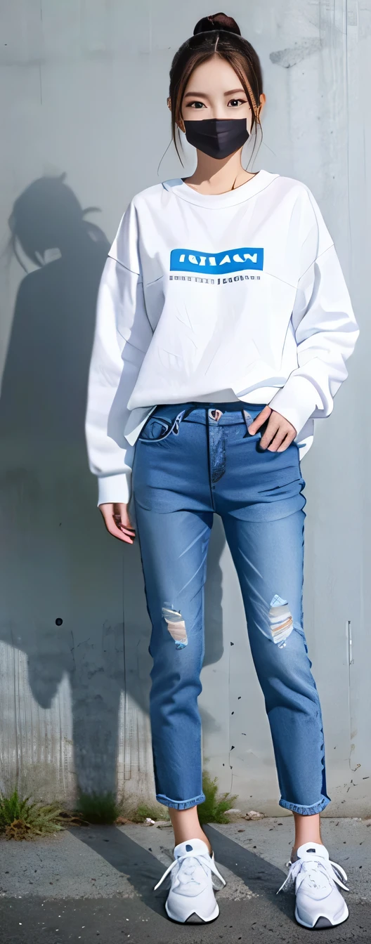 Girl in mask, Athletic Sneakers, Wear jeans,