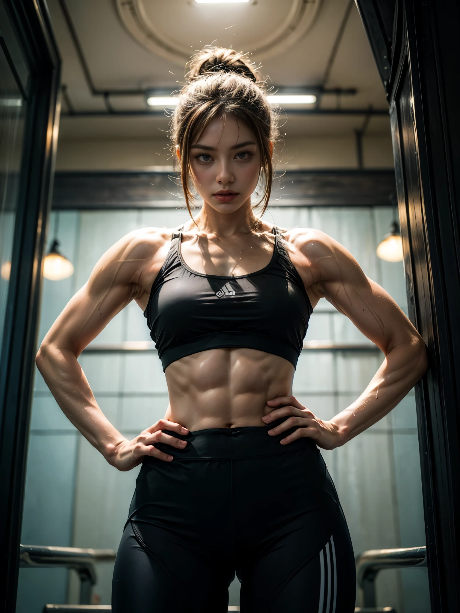 ((top-quality, 8K, masterpiece:1.3)),photorealistic portrait of bodybuilder girl ,(sweating:1.5), wearing detailed sports bra and leggings, Emphasizes abdominal muscles, muscular body like a bodybuilder, light brown messy hair , wide hips, big thighs, white light adds a cinematic touch to the scene amidst the black tattoo, cinematic lighting completes the overall atmosphere ,in the gym background, standing,(hands on hips:1.2),(upper body image:1.5),(viewed from below:1.2)