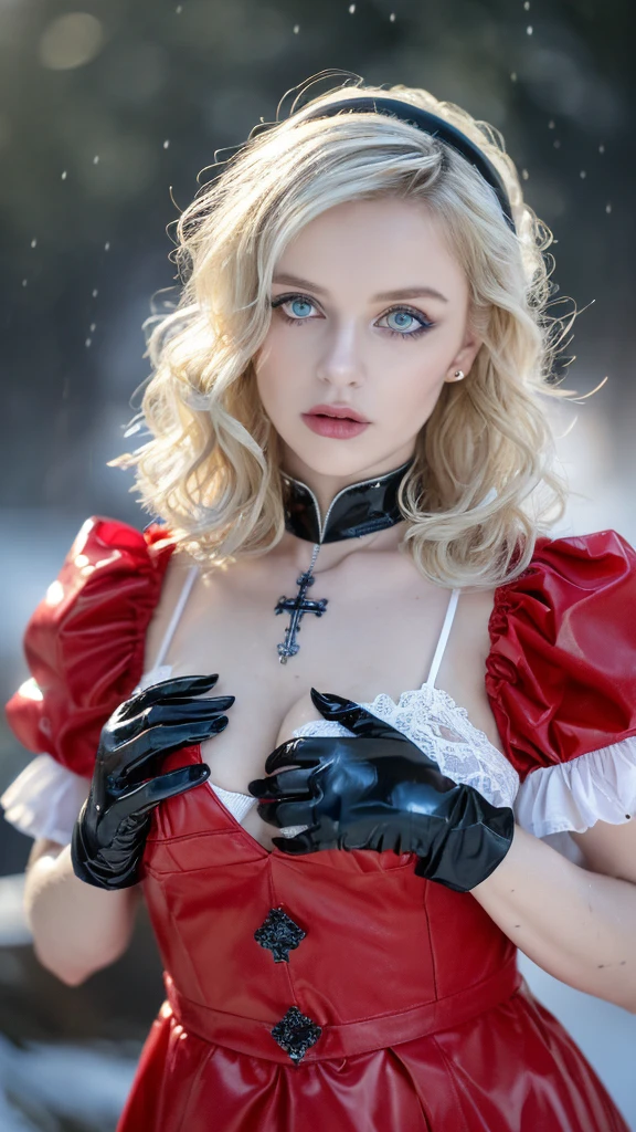 1 miniature Beautiful beautiful woman - Yuan Sayuki, ((top quality, 8K, Masterpiece:1.retty woman, 1 woman, huge breasts:1.3, a slim body:1.1, lush GINGER short hair, (shower, wet body, wet clothes:1.1), very detailed face, detailed lips, detailed eyes, double eyelids, Detailed blue eyes, чрезвычайно Detailed Outstanding Blue Eyes, short GINGER wet hair, GINGER wet hair, Detailed Outstanding Blue Eyes, innocent look at the viewer, very wet wavy white hair, Detailed Outstanding Blue Eyes, huge cross earrings, Outdoors, badges behind, gothic maid uniform, sexy maid dress, bare chest, huge chest tattoo, detailed huge catholic cross earrings, chest tattoo, Outside, wear a silver cross (Detailed cross shape), reality mode, wet breasts, black necklace, human crowd behind, black latex gloves, hair of white snowy colour, night time, red neon lights, demonic nun, nimbus (golden lighting ring above her head), angel, snowy weather, sexy pose, white lingerie, black maid dress, detailed flower wreath made of different colours, open chest