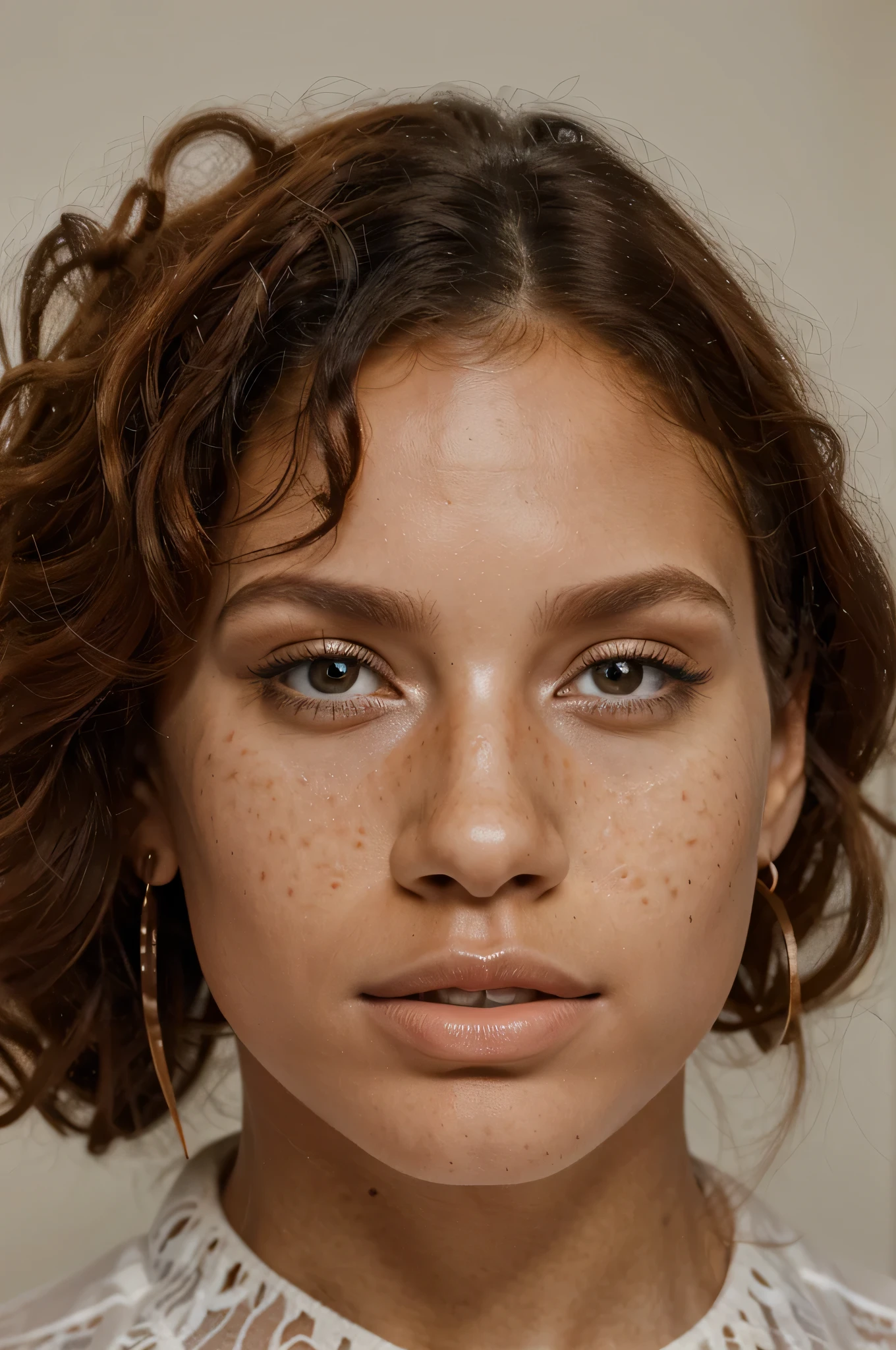 peruvian woman, naked, curly mullet, short hair, freckles, thick collar around neck close-up, UHD, retina, masterpiece, accurate, anatomically correct, textured skin, super detail, high details, high quality, award winning, best quality, highres