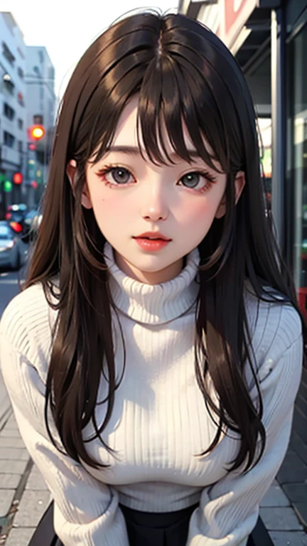 Blushing lightly and smiling, (Top quality masterpiece:1.2) Delicate illustrations, Very detailed, /Beautiful Japanese Woman、1 person,Very cute and slim、Excellent style 、((8K images、super high quality))、Very delicate face, Beautiful forehead、Red lipstick,(((((Long Hair、Gradient Hair、Light brown hair、The tips of the hair are golden))))),Very cute Japanese cut face、Eyes and nose are clearly visible、Kind eyes,(Tight high neck sweater、Tight Skirt)、City of night、Cold winter
