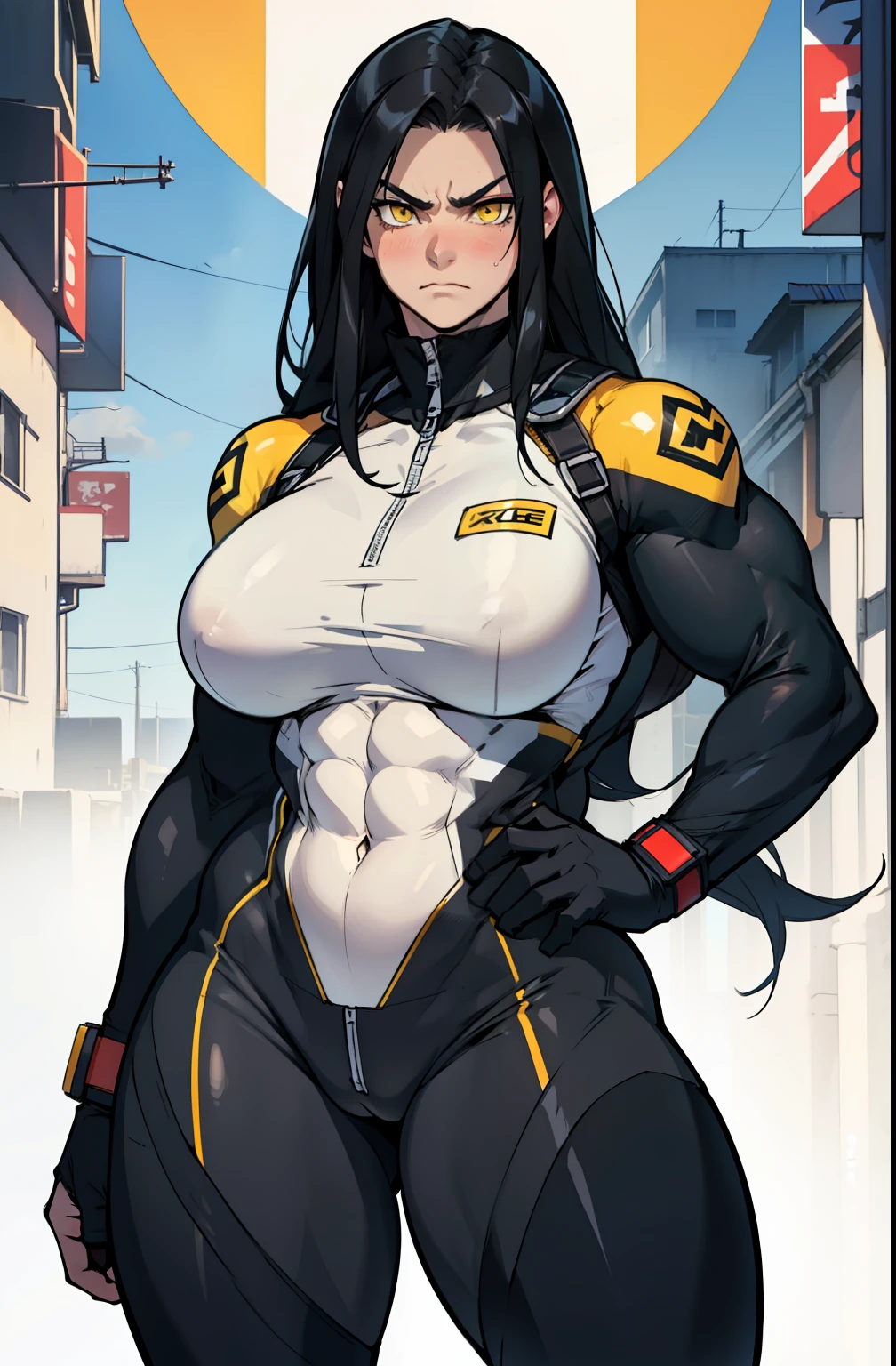 1girl, extremely long hair, solo, ((((muscular)))), veins, black hair, yellow eyes, blushing, ((thick thighs)), pale skin, strong, veins, abs, big thighs, ((huge breasts)), navel, standing, angry, bodysuit, skintight, pilot suit, ((thick thighs))