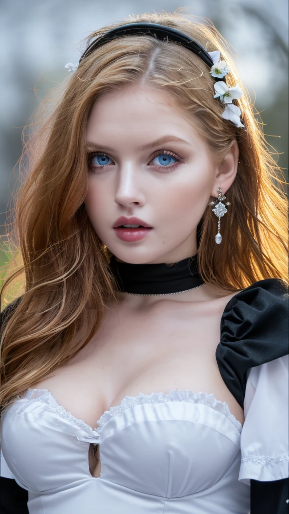 1 miniature Beautiful beautiful woman - Yuan Sayuki, ((top quality, 8K, Masterpiece:1.retty woman, 1 woman, huge breasts:1.3, a slim body:1.1, lush GINGER short hair, (shower, wet body, wet clothes:1.1), very detailed face, detailed lips, detailed eyes, double eyelids, Detailed blue eyes, чрезвычайно Detailed Outstanding Blue Eyes, short GINGER wet hair, GINGER wet hair, Detailed Outstanding Blue Eyes, innocent look at the viewer, very wet wavy white hair, Detailed Outstanding Blue Eyes, huge cross earrings, Outdoors, badges behind, gothic maid uniform, sexy maid dress, bare chest, huge chest tattoo, detailed huge catholic cross earrings, chest tattoo, Outside, wear a silver cross (Detailed cross shape), reality mode, wet breasts, black necklace, human crowd behind, black latex gloves, hair of white snowy colour, night time, red neon lights, demonic nun, nimbus (golden lighting ring above her head), angel, snowy weather, sexy pose, white lingerie, black maid dress, detailed flower wreath made of different colours, open chest