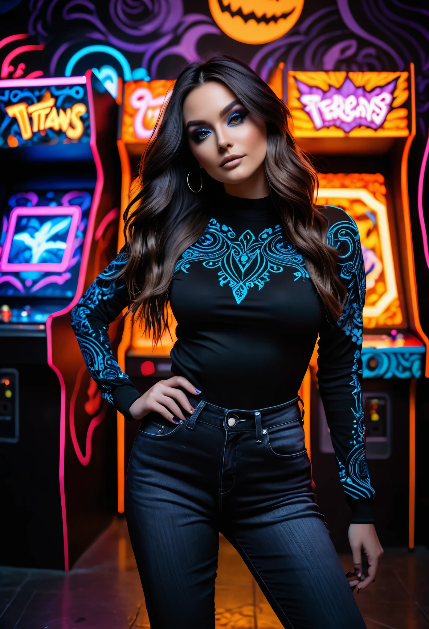 standing in an arcade, richly textured wall with ((black-light colored murals)) of gaming figures and creatures, titans in blacklight. glow in the dark, a woman rests, ridiculous high-fashion posing, artful, full-lenth, kneed up to hip to arms up and feet stand, funky blacklight coloring, wicked, she's wearing a long sleeve black top, folded layered details, easy-fit, a sophisticated dark on black look, all over black pixel embroidery:1.3)), hands relaxed, (her black jeans, stretched around her curvy hips, her body), thighs, radiant, her head tilts down, she's looking into camera, hair ombre reds orange, two colors of brown and raven black, amber, strands of long hair fall over her stunning eyes, wild dynamic pose, angle, 8k, 55mm lens,