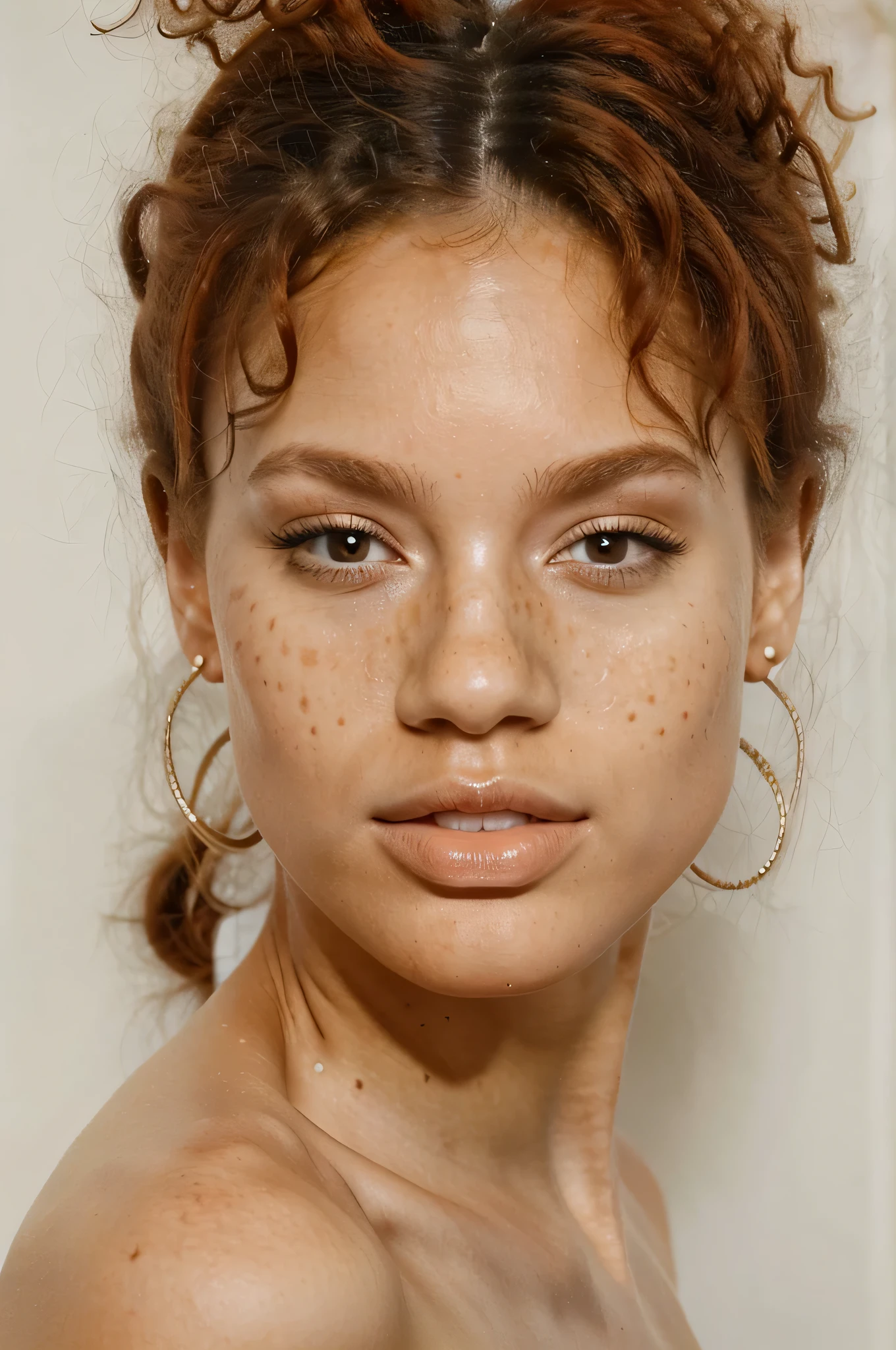 beautiful white girl with fine facial features, long curly orange afro, white complexion , freckles, big nose, strong jawline, brown eyes, 21 years old