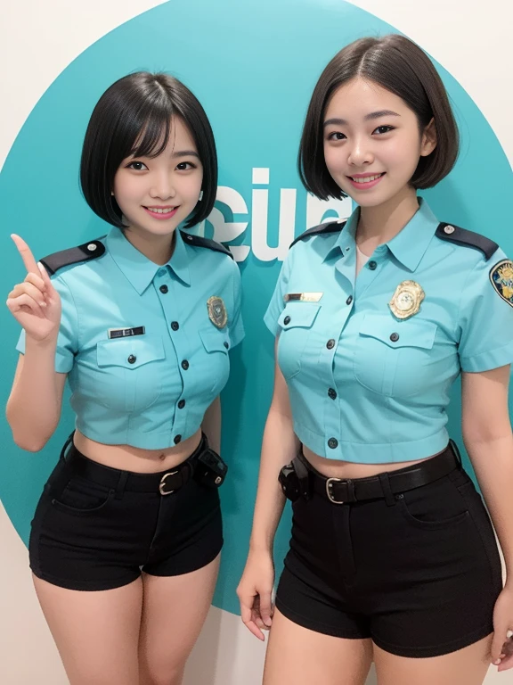 Black Hair, Police Costume, Black Hair, Falter, Round eyes, best qualityBlack Hair, 18-year-old, Slim and busty body, Bobcut, Aqua Eye, Brush Sticker, Grin, Smiling with teeth showing, whole body, Sister's Girl, Round face, Cheeks are slightly puffy, Eyebrows downwards, Lightly reddish, double eyelid, Look at the viewers, Affectionate Cute, pretty girl, Surreal school girl, Look at the viewers, Hina's Hymn, crowd of customers, Tokyo, little star earrings, Vivid eyes, Bustling background, Lips parted, Tokyo, A bustling shopping street, Female police officer, Night Bar , Light blue long skirt , Surrealism, tachi-e, throw, Atmospheric perspective, Depth of written boundary, Nikon, 8k, Super Detail, Accurate, masterpiece, Attention to detail, Anatomically correct, Awards、((Sexual seduction pose:1.5))、((Panties:1.5))、
