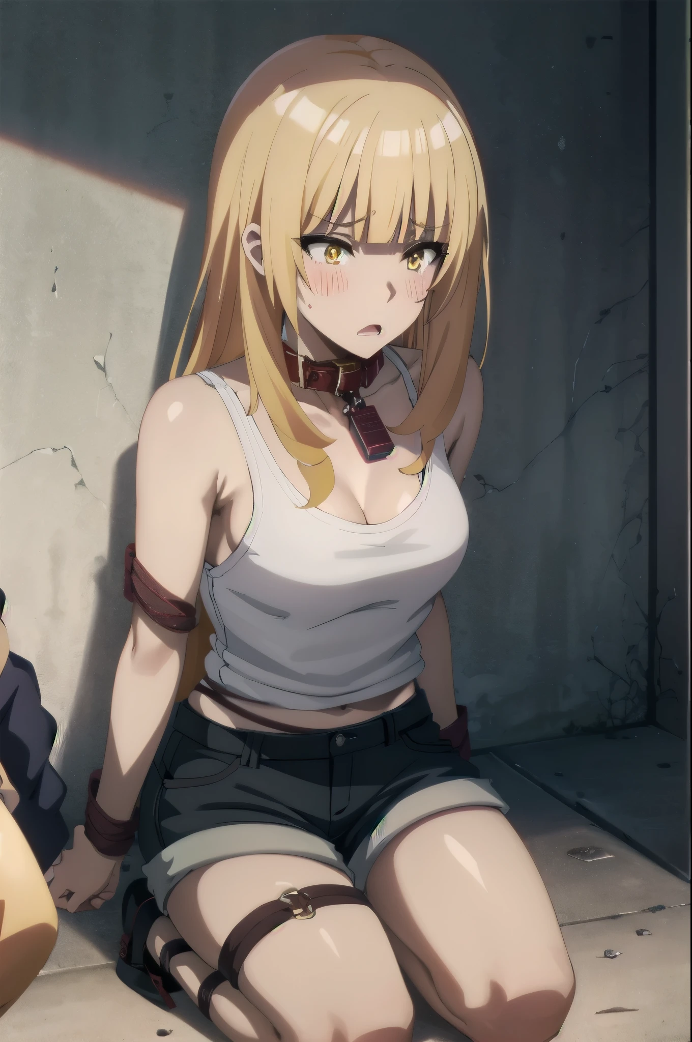 ((collar,leash,tied up,bondage,scared expression)),1Girl, solo,yellow eyes, blonde hair,,shorts,top-tank