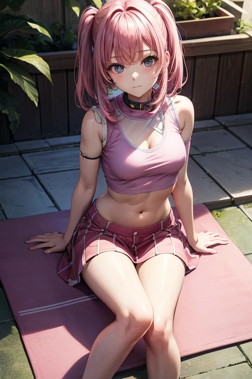 a anime woman on a cell phone sitting on a small floor mat, 1girl, solo, pink hair, , looking at viewer, navel, sitting, holding, hair ornament, shirt, bangs