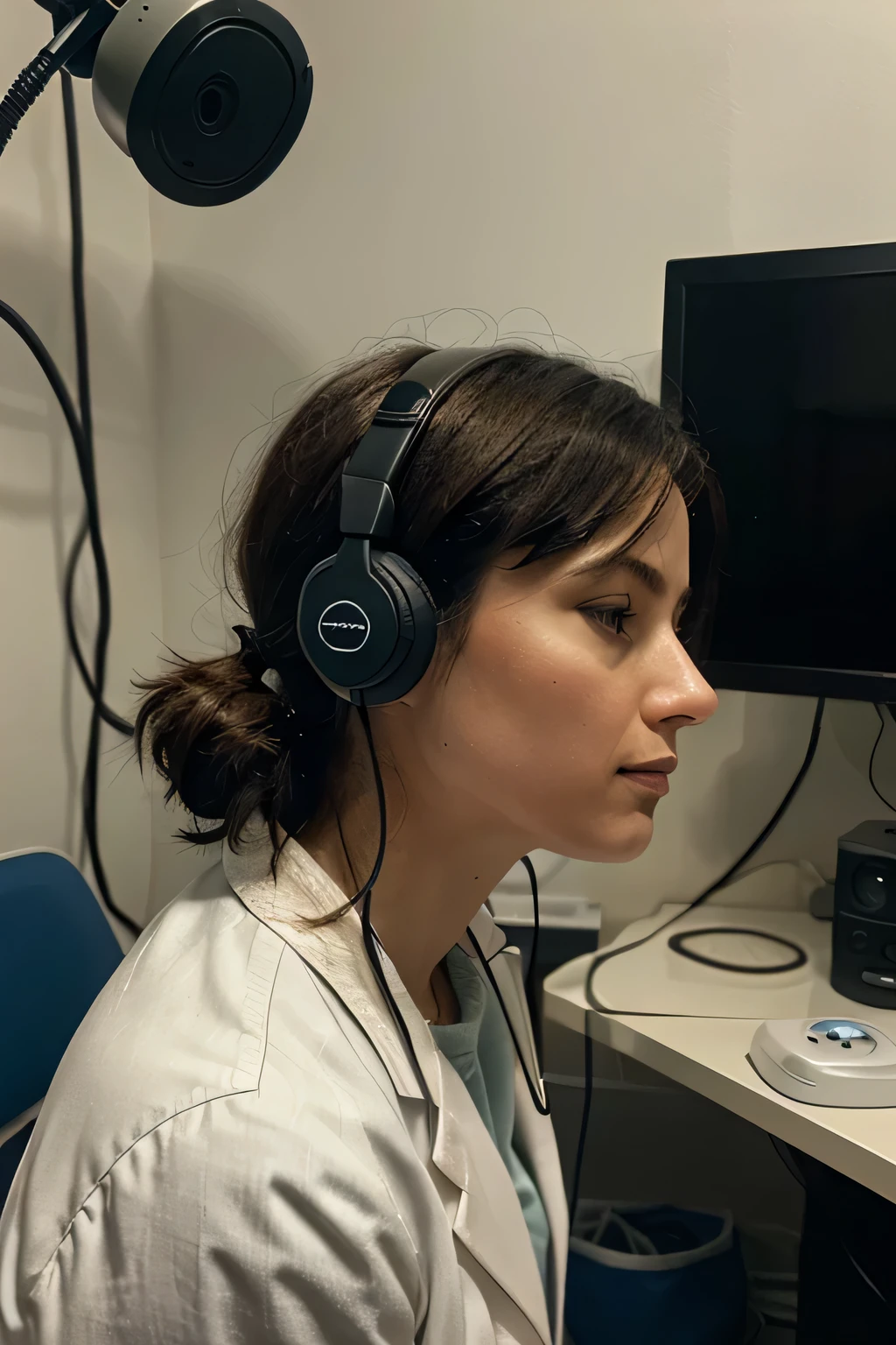 A doctor doing an audiometry in an audiological cabin