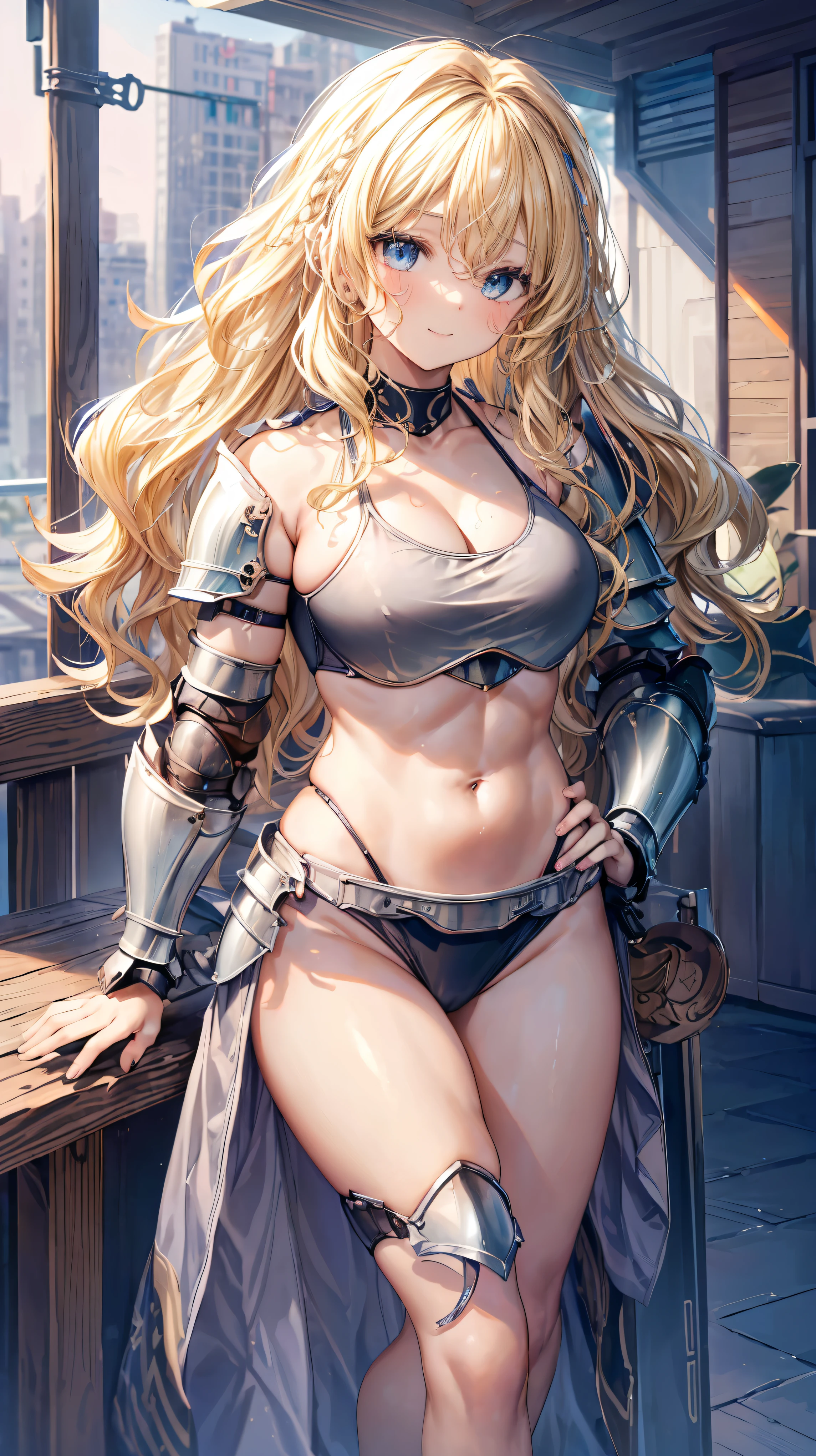 Very detailed、highest quality、Best image quality、masterpiece、8k、Anime Face、A kind smile、Open your mouth、Sparkling blue eyes、(Blonde wavy hair:1.5)、、Muscles of the whole body、Hands on hips、camisole、Thigh belt、mini skirt、(Wearing bikini armor:1.5)、Cowboy Shot