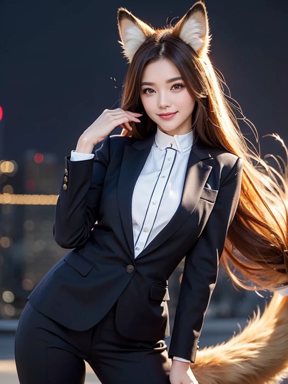 ((highest quality, 32k)), ((masterpiece)), (Get used to it), Perfect Face, Fox Girl, Beautiful woman, public, There is a tail, she has a fox tail, She wags her fluffy tail, smile, collar, She wears a business suit, Beautiful hip line, A tail sticking out from a business suit