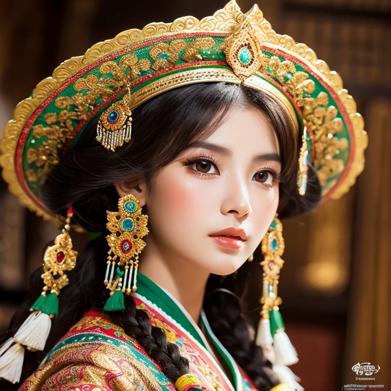 Close up portrait of lovely woman,Ethnic minority costumes,Rich decoration,Beautiful Portraits,nut,Gurvitz-style artwork,Yang Zhang,Magnificent and beautiful character art,Amazing character art,Fan Chi,Master Wu Zhen