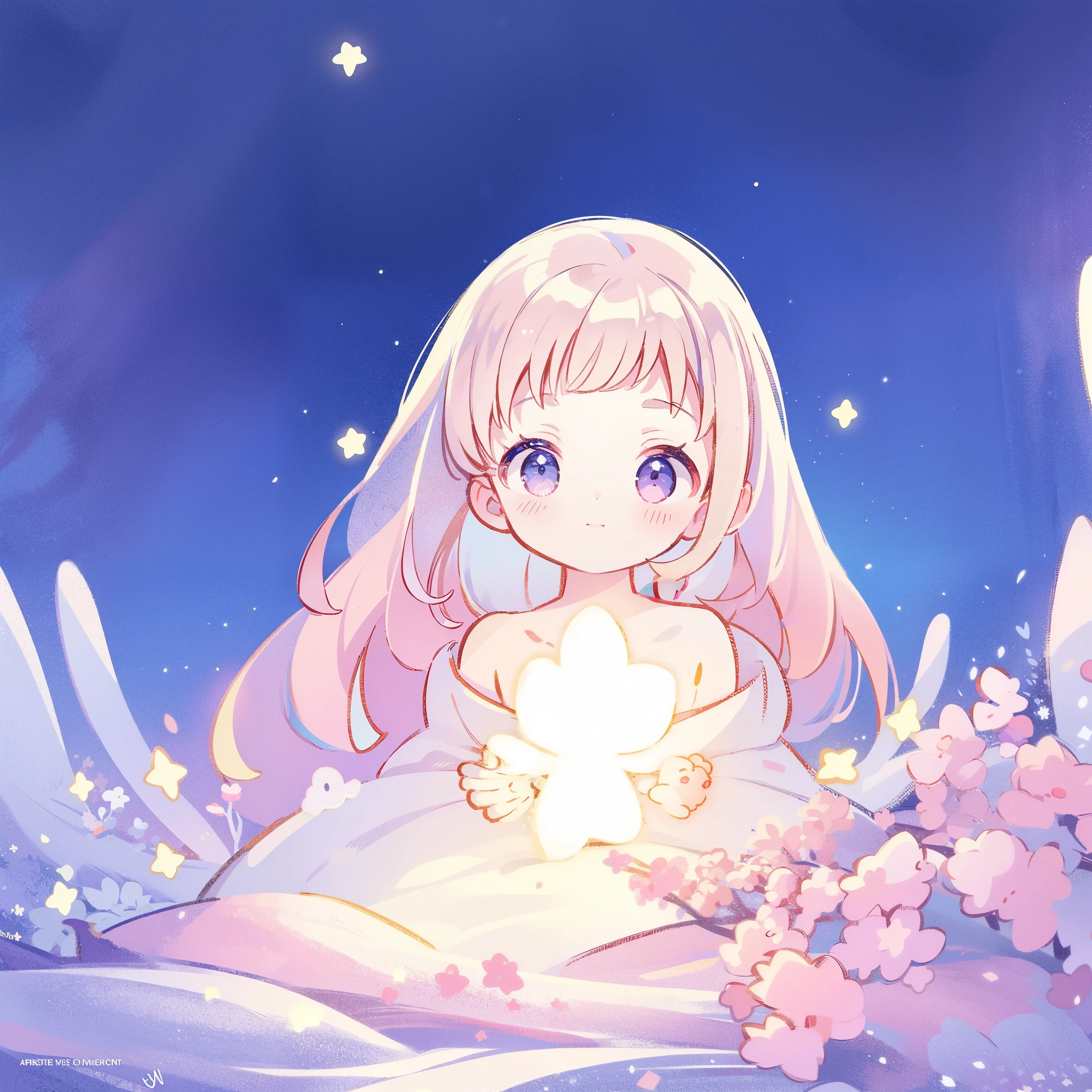 complex background, wishing star background, a woman wearing an ethereal mystical pink translucent dress that reflects the stars, dreamy, peaceful, serene composition, glowing stars, glowing, perfume promo art, mystic, complex drawing, highly detailed, Covergirl brand, promo art, artistic rendition, ethereal, starry night, midjourney style