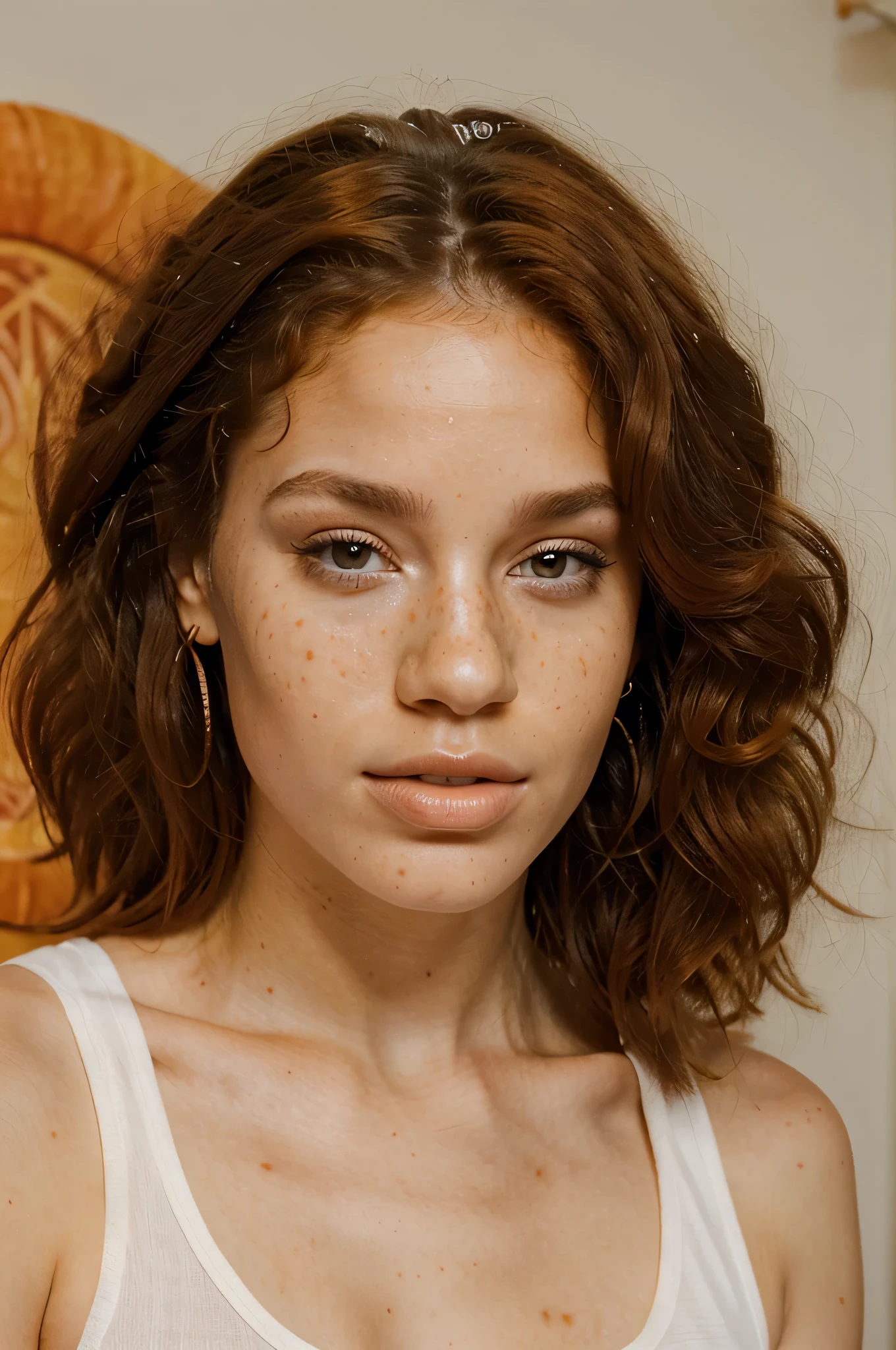 beautiful white girl with fine facial features, long curly orange afro, white complexion , freckles, big nose, strong jawline, brown eyes, 21 years old