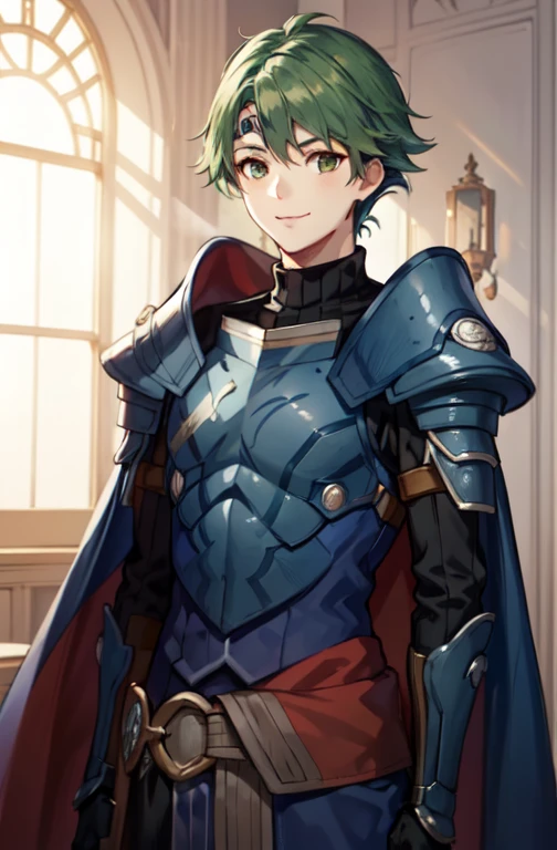 lm, 1boy,Fire Emblem Echos,Blue armor mail, Green Eyes,beautiful detailed eyes,delicate,1 Long Guard Long Sword, whole body, Are standing, View your viewers, noon,royal palace,Handsome,smile ,Blue Cape,Blue headband on forehead,smug face