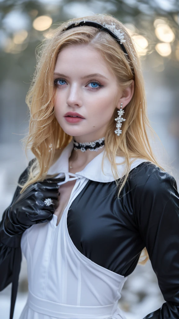 1 miniature Beautiful beautiful woman - Yuan Sayuki, ((top quality, 8K, Masterpiece:1.retty woman, 1 woman, huge breasts:1.3, a slim body:1.1, lush GINGER long hair, (shower, wet body, wet clothes:1.1), very detailed face, detailed lips, detailed eyes, double eyelids, Detailed blue eyes, чрезвычайно Detailed Outstanding Blue Eyes, long GINGER wet hair, GINGER wet hair, Detailed Outstanding Blue Eyes, innocent look at the viewer, very wet wavy white hair, Detailed Outstanding Blue Eyes, huge cross earrings, Outdoors, badges behind, gothic maid uniform, sexy maid dress, bare chest, huge chest tattoo, detailed huge catholic cross earrings, chest tattoo, Outside, wear a silver cross (Detailed cross shape), reality mode, wet breasts, black necklace, human crowd behind, black latex gloves, hair of white snowy colour, night time, red neon lights, demonic nun, nimbus (golden lighting ring above her head), angel, snowy weather, sexy pose, white lingerie, black maid dress, detailed flower wreath made of different colours, open chest